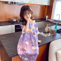 Childrens night dress girl girl cute silk Princess wind ice silk short sleeve pajamas Silk summer thin female summer