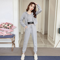 Western Air Age sports suit women 2021 autumn small man high hooded sweater high waist tie pants three-piece set