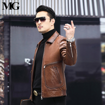 MG leather clothing 2021 thin first layer oil wax sheepskin jacket mens lapel short slim leather motorcycle leather jacket