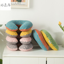  Cotton color plaid neck neck pillow buckwheat shell filled cotton breathable U-shaped pillow Airplane office nap pillow