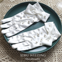 Wooden wedding French elegant retro bow Pearl satin gloves white bride white gauze with short new
