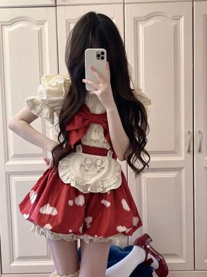 taobao agent Red apron, dress, cute set, Lolita style