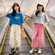 Girls summer clothing suit 2022 new Korean version of the Korean Air Network Red Fried Street Womens Big Child Labour Pants Sport Two Sets