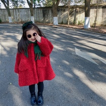 Girls coat winter wear new cute hooded plus velvet thickened style New Year dress red lamb velvet cape coat