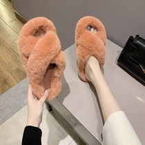 Korean verycram fashion fur slippers female explosive wear a word drag thick bottom home slippers women
