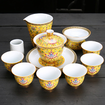 White porcelain Kung Fu tea set Household Jingdezhen enamel color Chinese set tea set Ceramic Teapot cover bowl Teacup