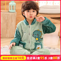 Childrens flannel pajamas boys autumn and winter boys thick thick coral velvet winter home clothing set