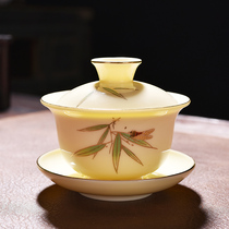 Topaz suet jade cover bowl pure handmade Dehua white porcelain tea cover bowl tea cup three talent cover bowl single household simple