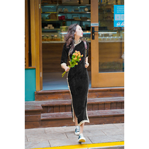 Black autumn and winter thickening bangown long young girl modified version of daily dress retro Chinese wind