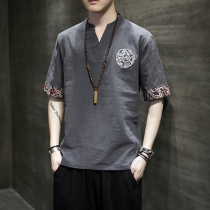 Chinese style mens embroidered linen short-sleeved T-shirt mens retro large size loose half sleeve summer cotton and hemp Tang clothes