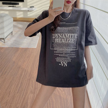 Gray T-shirt womens short sleeves summer loose Korean version of simple letter print design sense pure cotton body shirt medium and long ins