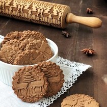 Christmas elk printing rolling pin laser engraving solid wood rolling pin baking embossed biscuit props q