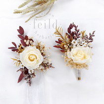 Original handmade Everlasting Flower real flower high-end corsage wrist flower bride groom champagne rose wedding dress retro beauty