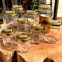 Hexagonal glass bottle Sealed jar 380ml honey pickle bottle handmade sub-bottle with lid transparent glass bottle