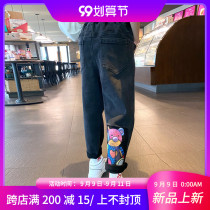 Childrens cartoon jeans Autumn New 2021 Middle big boy foreign style loose long pants girl Korean Haren pants