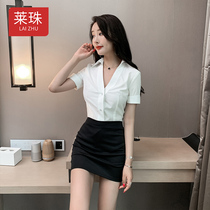 Hotel stewardess uniform sexy deep V belly cover thin short-sleeved shirt suit new simple reflexology technician work clothes