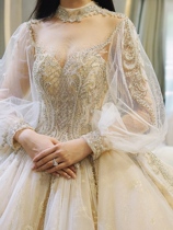 Long sleeve French starry main wedding dress 2021 New temperament bride high-end luxury heavy industry tailing court wind winter