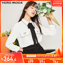 Vero Moda2021 Autumn New lace neckline decorative tie white shirt women) 321331070