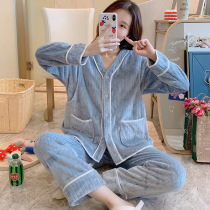 Yuezi mother flannel pregnant pajamas thickened warm long sleeve home nursing moon clothes