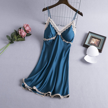Mulberry Silk Sexy Harness Sleeping Dress Woman True Silk Thin with chest cushion Sleeping Lace Fire Spicy Seductive Silk Home Clothing