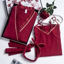Wine Red Morning Gown Wedding Pyjamas Woman Spring Autumn Sexy Harness Sleeping Dress Pure Cotton Bride Groom Newlywed Lovers Suit