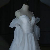 2021 French light wedding dress white halter simple retro travel shoot Forest department super fairy suspender bandeau dress summer