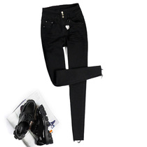 European bees autumn and winter New black high elastic three-grain buckle pants slim high waist jeans trousers women