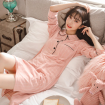 Nightdress women spring and autumn cotton long sleeve stripes thin pajamas 2021 New Net red senior summer home wear