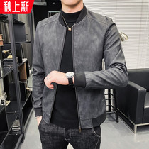 Autumn new leather jacket mens youth baseball collar leather jacket mens thin high-end dark pattern trend casual
