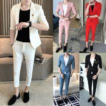 Mens short-sleeved suit suit summer Korean thin slim half-sleeved jacket three-point pants mid-sleeve small suit set