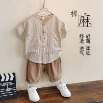 Childrens clothing boys cotton and linen suit summer clothes 2021 new childrens foreign style two-piece set striped baby summer clothes tide