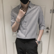 Korean version of the trend summer mens shirt seven-point sleeve 2021 new slim shirt men striped short-sleeved top men