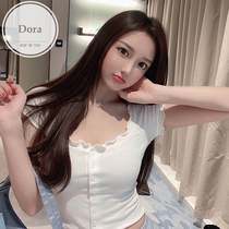  DORA Real hair Medium split wig Long straight hair without bangs Full headgear Lace Medium long hair oblique split long hair hand-woven