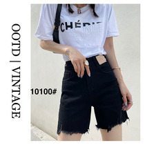 Summer loose a type black and white 4-point denim shorts women Korean fan wool edge straight Joker ins pants OOTD10100