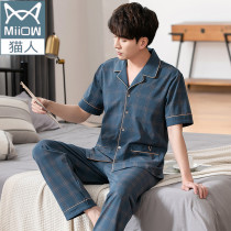 Cat man pajamas men summer cotton short sleeves trousers half sleeves thin oversized middle-aged dad home wear set