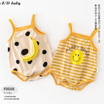 Japanese summer boys and girls newborn cute out clothes striped smiling face strap cool breathable triangle climbing
