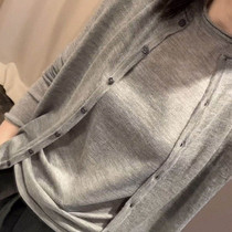 Worsted ultra-thin round neck cashmere cardigan two-piece womens knitted thin gray cardigan set long sleeve
