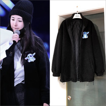 Yang Mi same cotton-padded clothes 2021 new female black cashmere lamb wool coat women autumn and winter Joker long