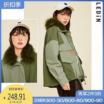  (spot new product)Le Cho 2021 spring new splicing tooling wind fur collar jacket student cotton coat cotton suit