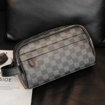Mens handbag 2021 leather new plaid check business large capacity leisure clutch bag clip zipper bag