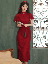 Toast dress The bride can usually wear a dress retro lace cheongsam Improved summer red dress temperament 3868