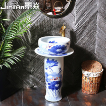 Jingyan ink blue and white Chinese art column basin ceramic washbasin floor type basin vertical wash basin column Basin