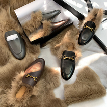 Mao Mao slippers women wear autumn and winter Net red leather wool bag head half slippers horse bottom buckle flat lazy Muller shoes