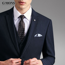 Suit suit Mens striped business dress Groom wedding dress Summer slim suit three-piece suit Navy blue