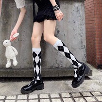 Diamond calf socks female spring and autumn Diamond jk cotton checkerboard retro lattice high tube black and white autumn winter knee stockings