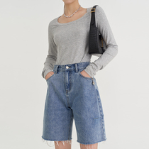 Van Lo 2021 summer new high waist straight denim shorts womens hole burr wild loose thin pants thin section