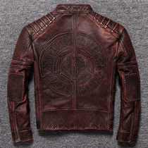 Amekazi first layer cowhide vintage stone milled old leather leather mens short slim motorcycle leather jacket