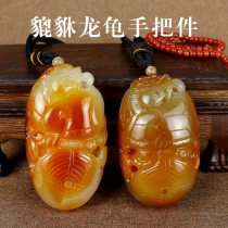 Natural agate jade dragon turtle brave hollow hand piece men's portable chalcedony original stone piece ornaments strange stone