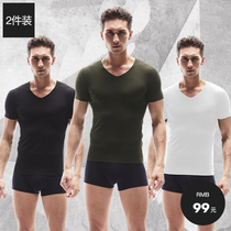  Mens Seamless Modal short-sleeved underwear Mens undershirt Bottoming shirt Solid color v-neck t-shirt Slim half-sleeved sports vest