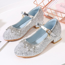 Girl High Heels Girl Little Girl Piano Performance Silver Water Crystal Shoe Gown Model Walk Show Children Princess Shoes